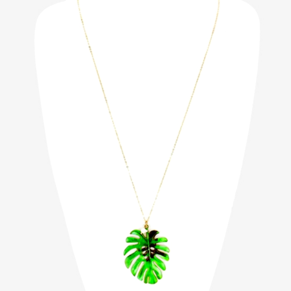 Tropical Leaf Pendant Long Necklace & Earrings Set